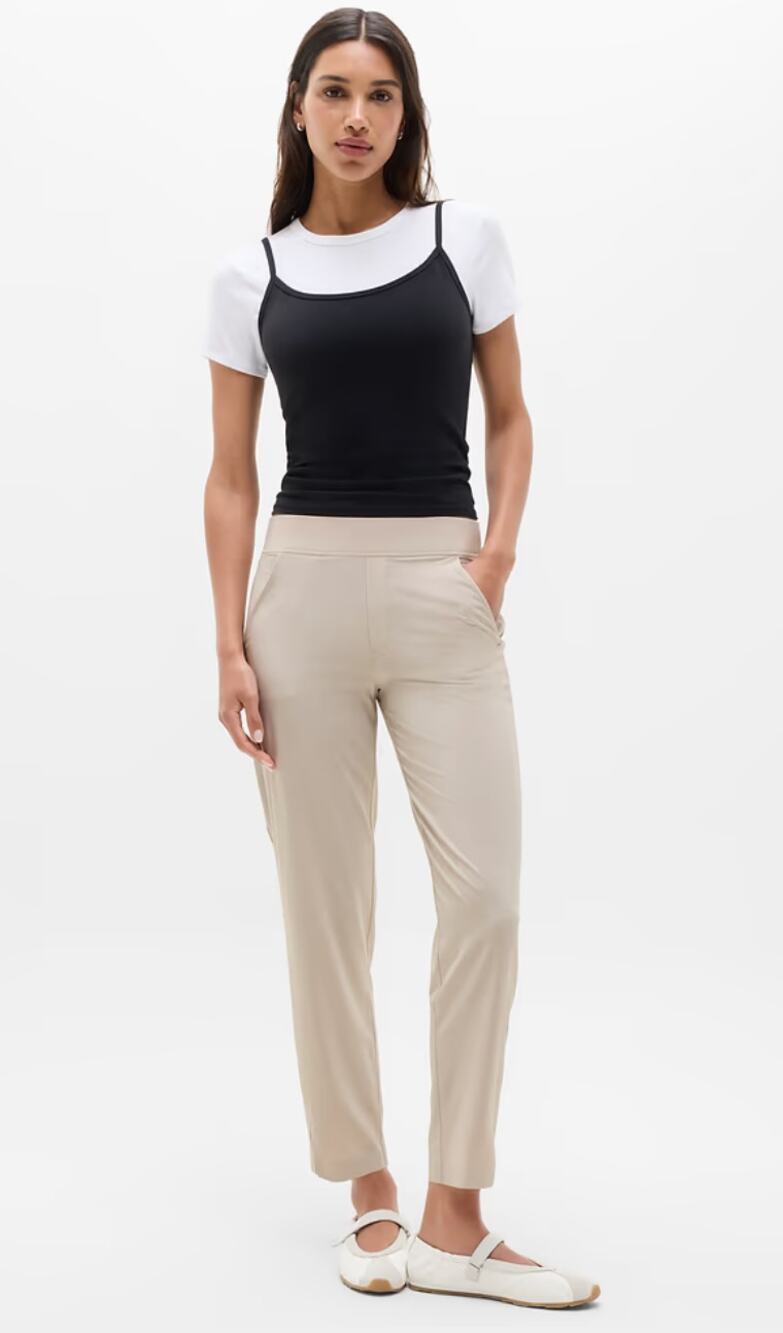 Athleta Brooklyn Mid Rise Ankle Pants 2P Abalone Beige Straight Leg Travel Work